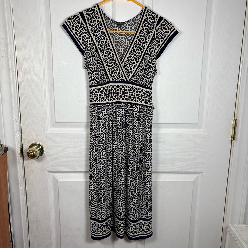 City Triangles Geometric Babydoll Dress Women’s S Boho Navy Cream Midi Y2K